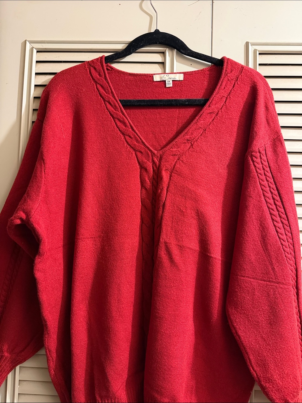 Les Serein Red V-Neck Cable-Trim Sweater